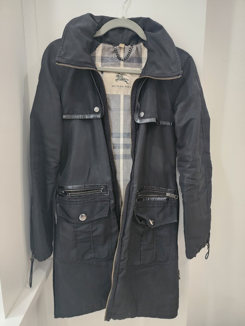 Authentic Burberry London Leather Trim Zip-Up Packaway Coat US Sz 2